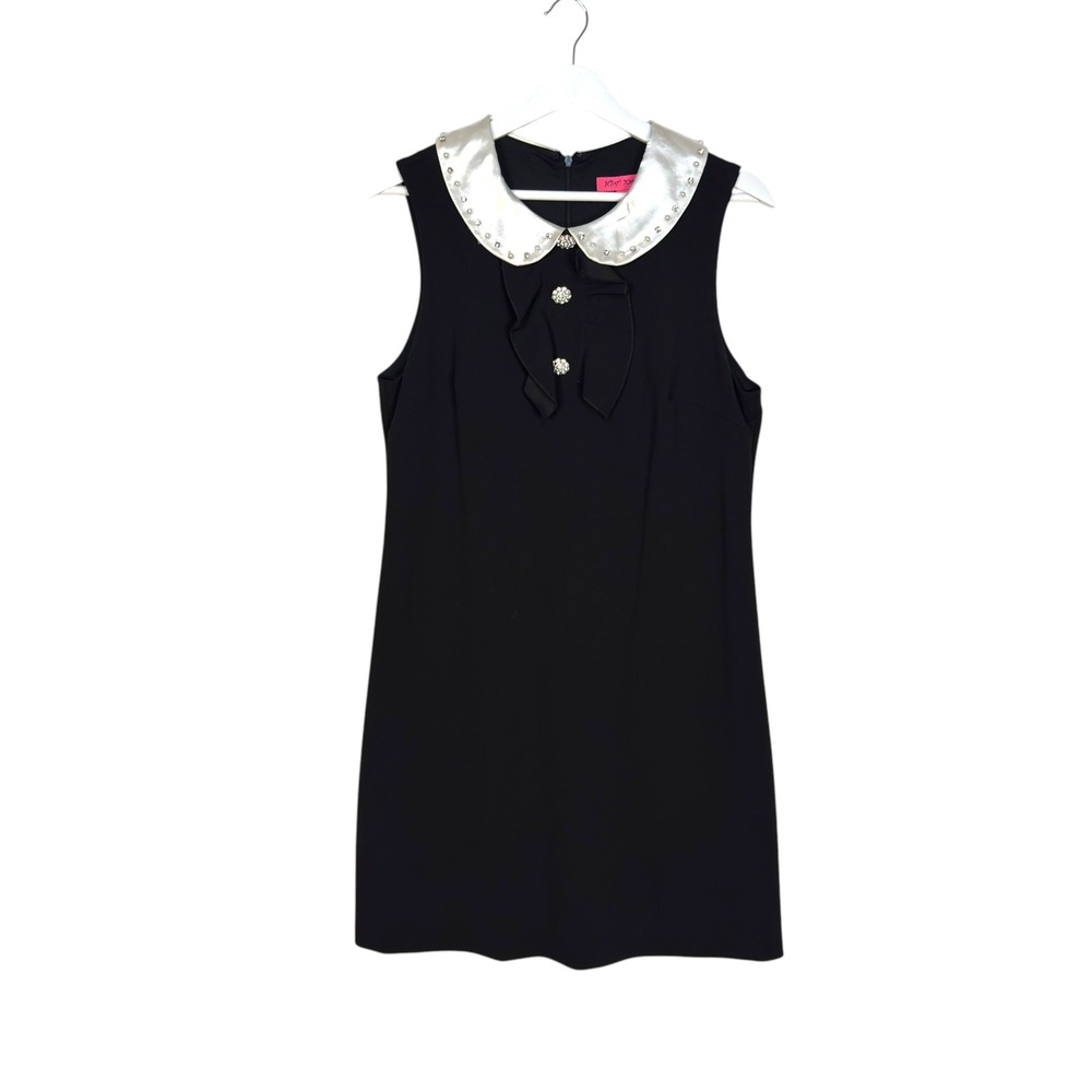 Betsey Johnson Shift Dress 10 Black Silver Rhinestone Collar Mod Retro Preppy - Picture 2 of 8
